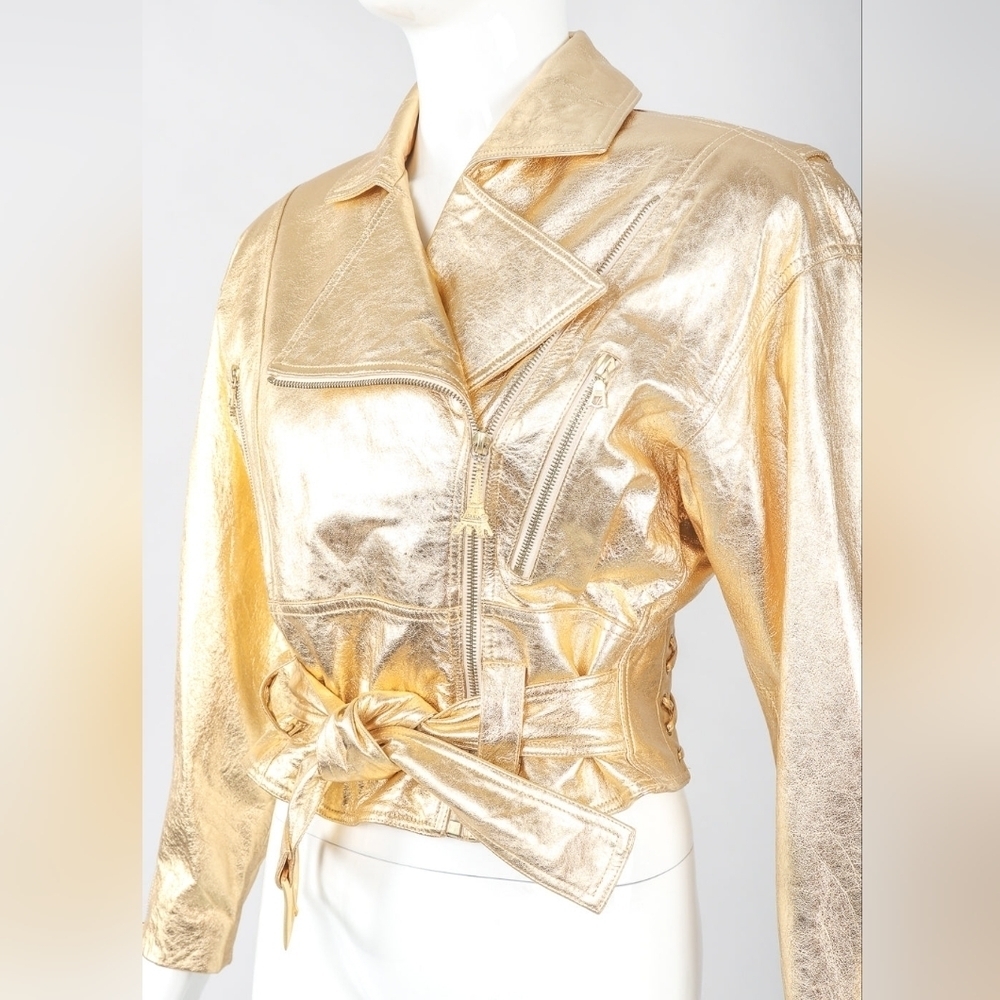 EMANUEL UNGARO Gold Leather Biker Jacket Size 6 EU 40